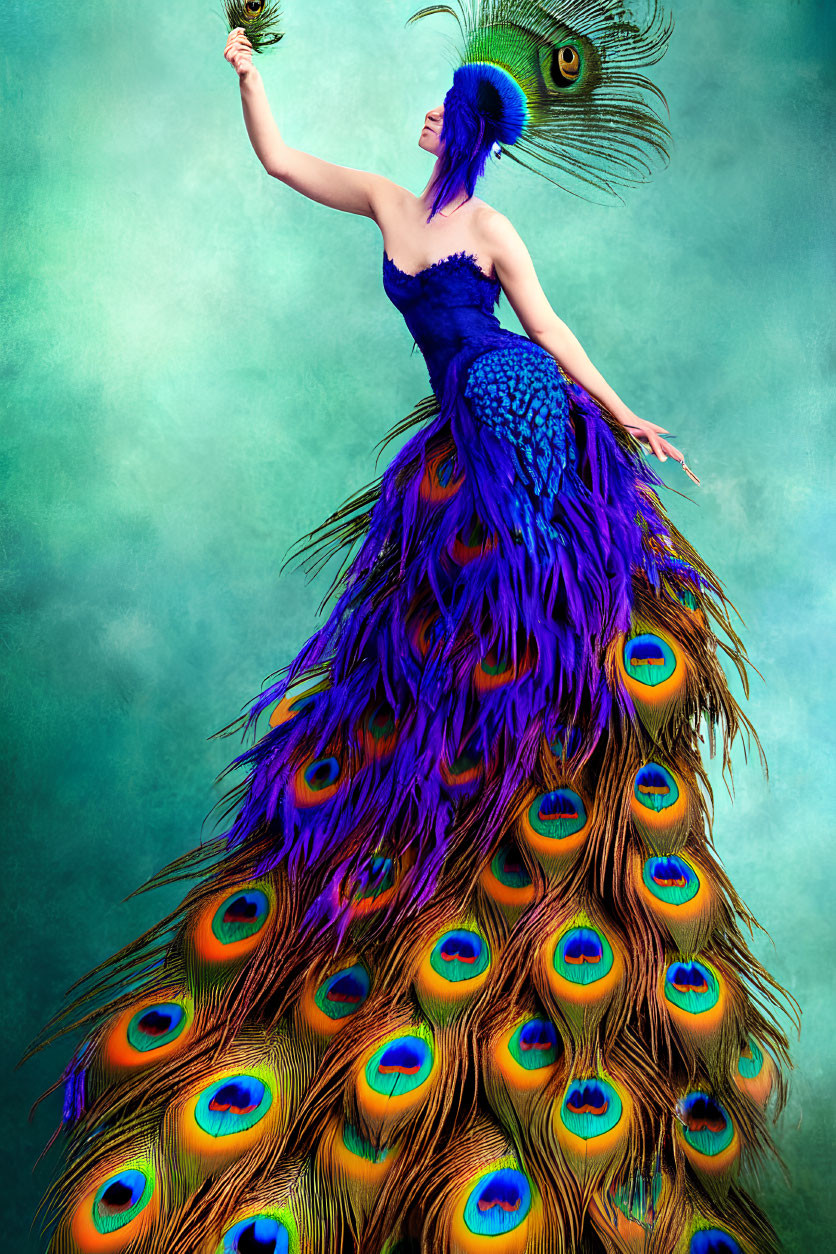 Colorful Peacock-Themed Costume on Teal Background