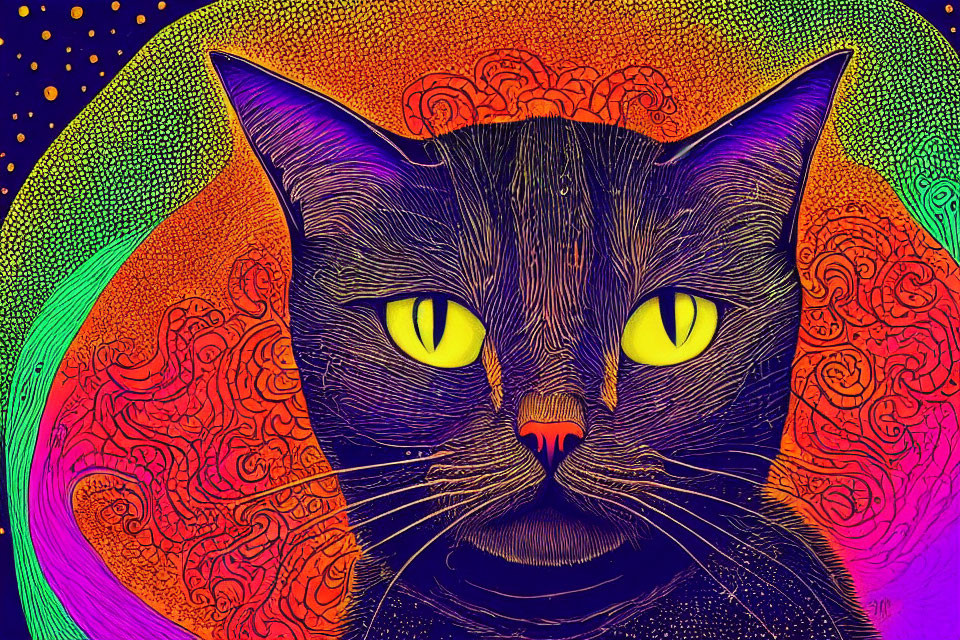 Colorful Psychedelic Black Cat Illustration with Yellow Eyes