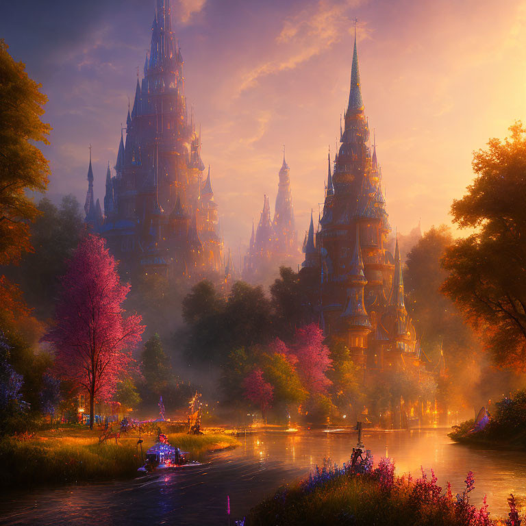 Sunlit Gothic spires in autumnal landscape with serene river
