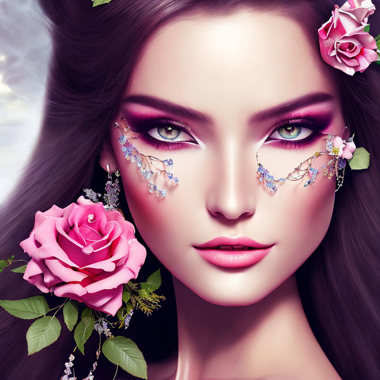 Illustrated female face with vibrant makeup and floral designs on soft purple background