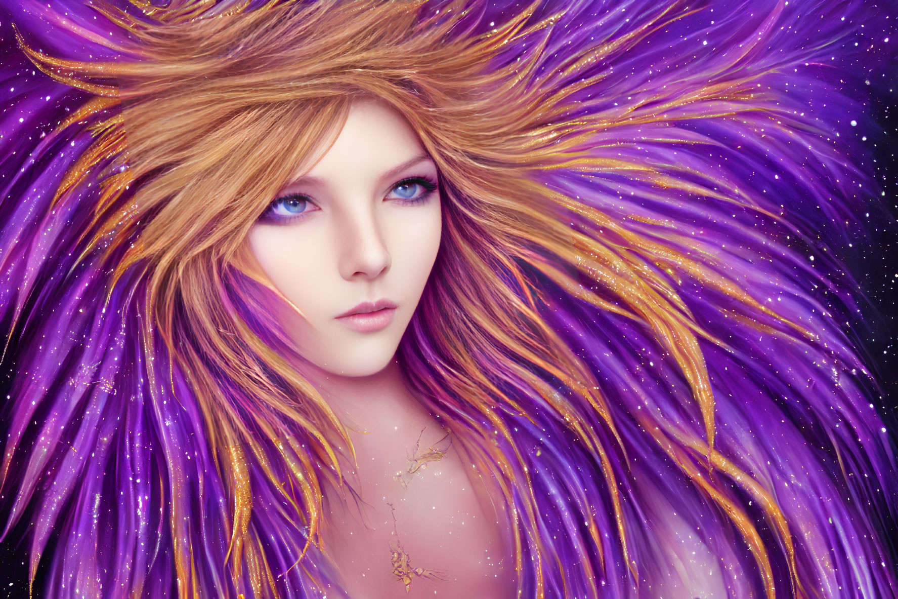 Digital Artwork: Woman with Galaxy-Inspired Purple Hair