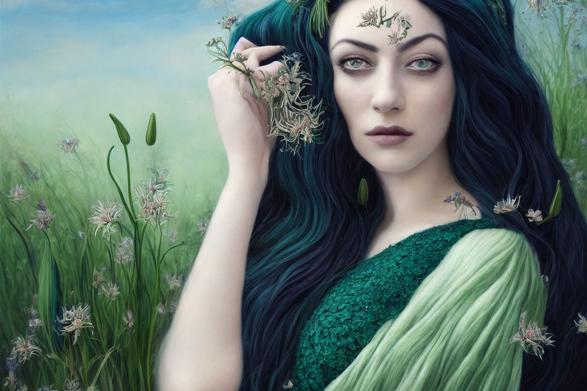 Illustrated woman with dark blue hair and greenery against tranquil meadow.