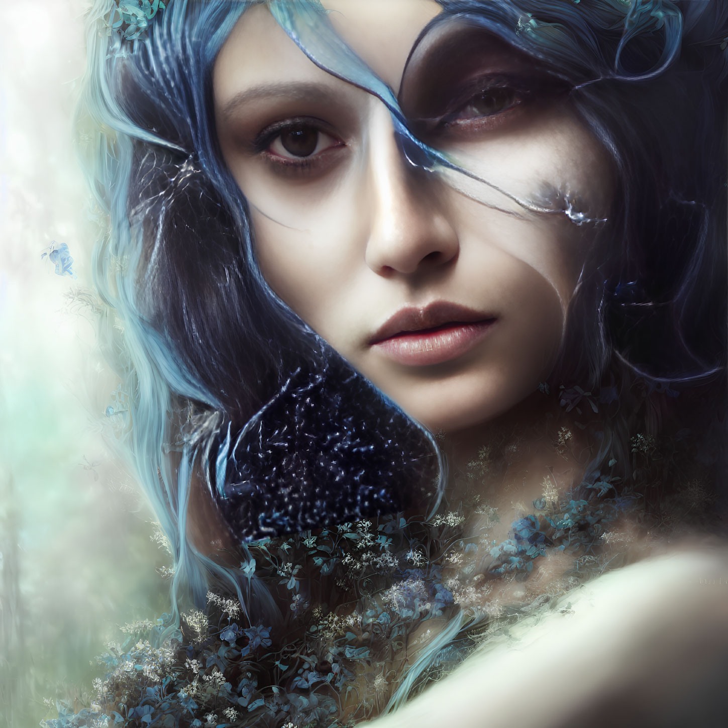 Portrait of a person with blue hair, pale skin, dark eyes, frost-like patterns, and tiny