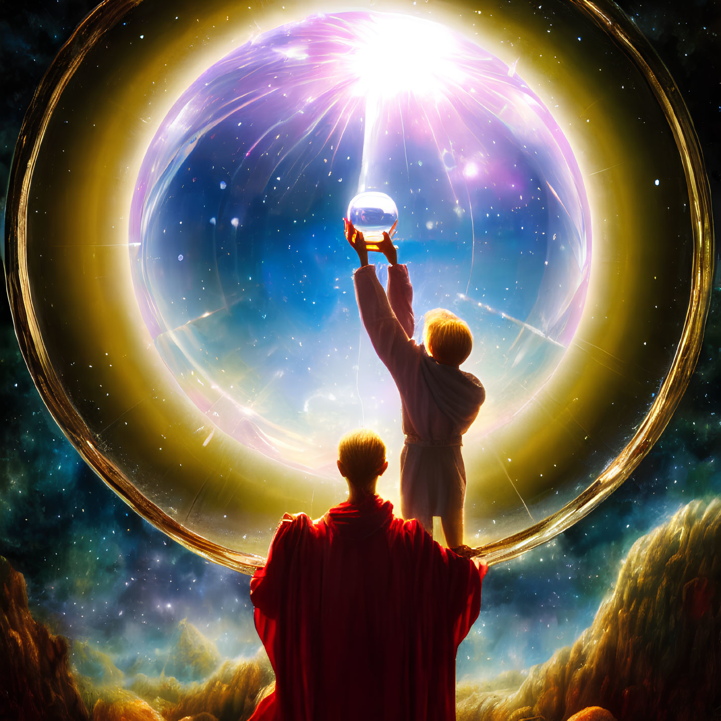 Person in Red Cloak Raising Crystal Ball to Cosmic Portal