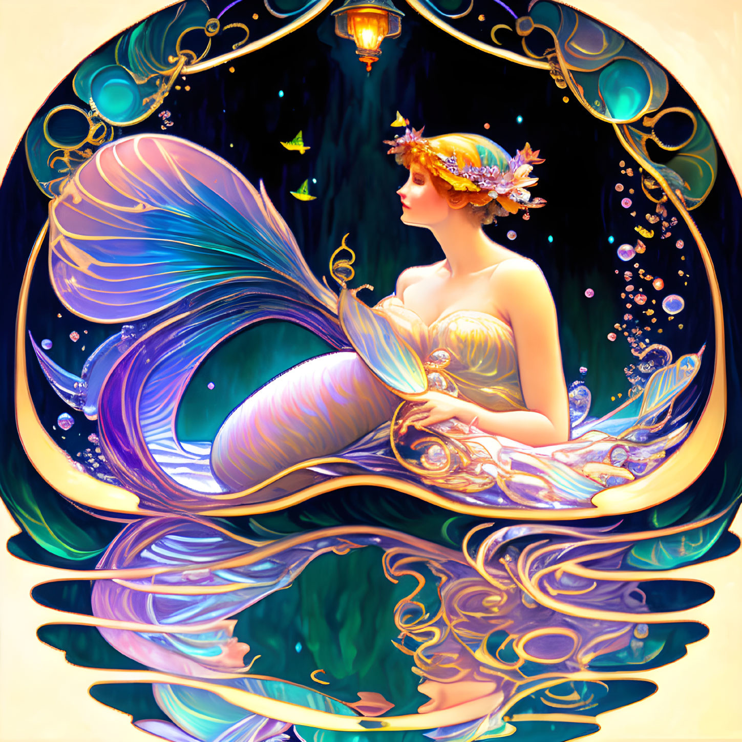 Vibrant mermaid illustration with floral crown in seashell frame