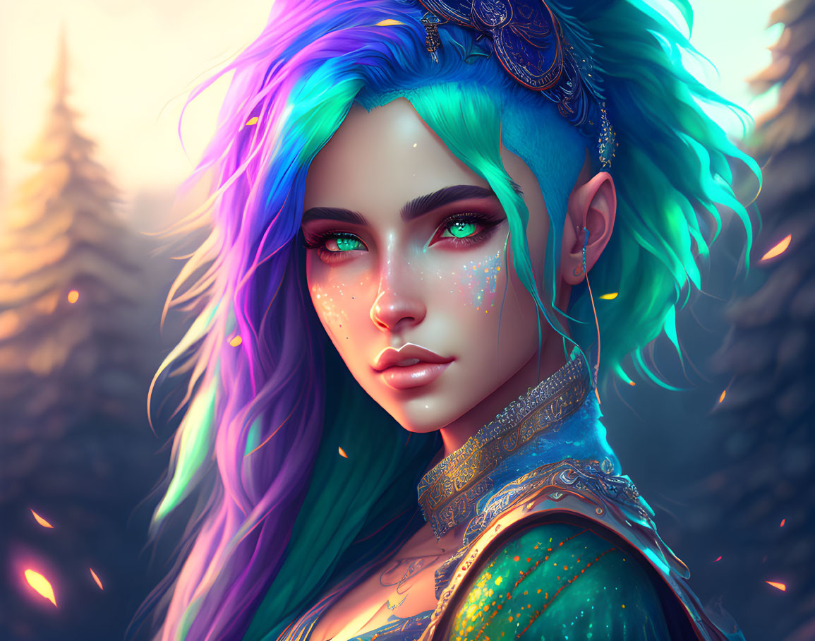 Digital portrait of woman with blue and purple hair, glittering freckles, green eyes, and