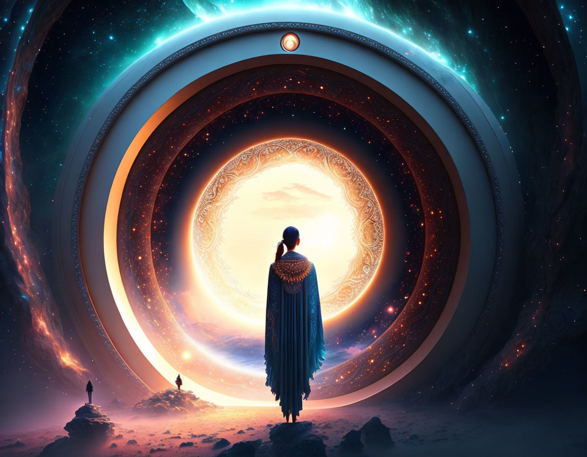 Person standing before surreal cosmic portal with concentric circles and glowing patterns under starry sky