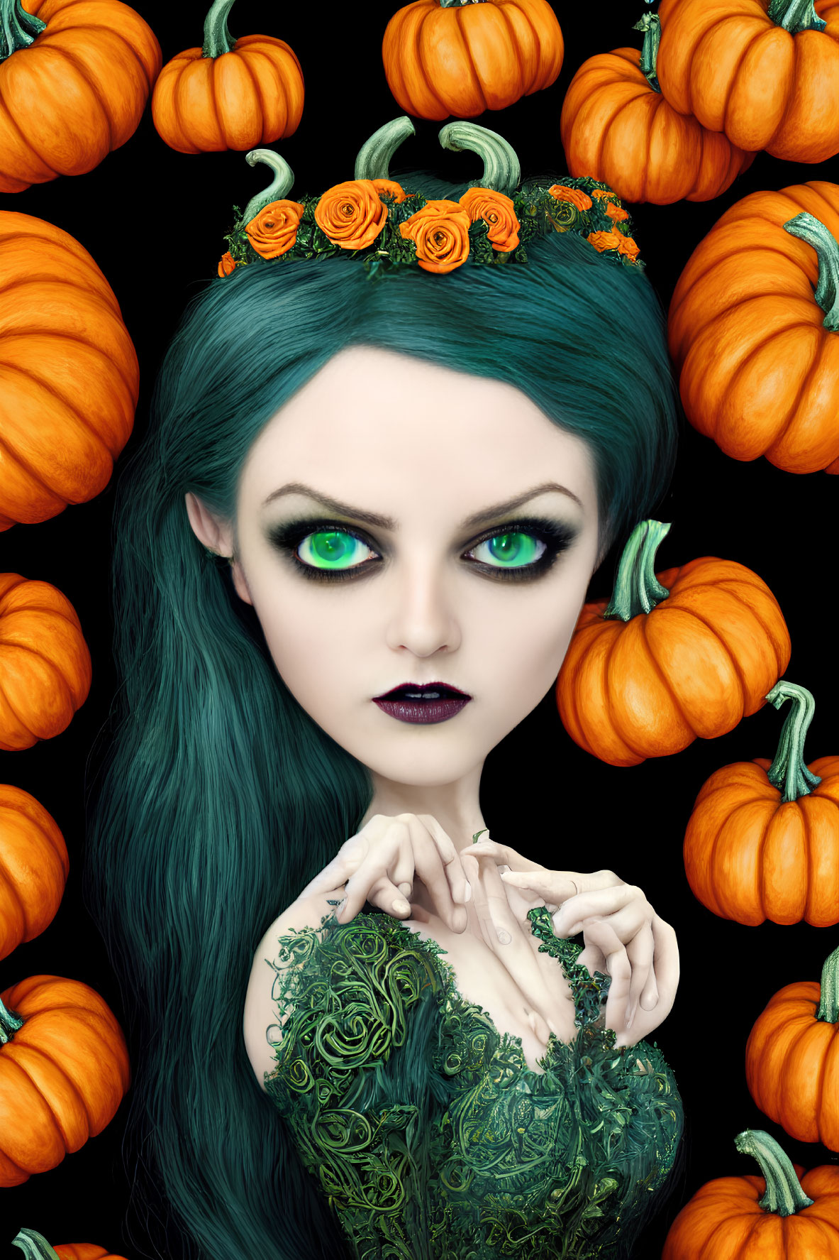 Fantastical image: Green-haired figure with orange flower crown and pumpkins on black background