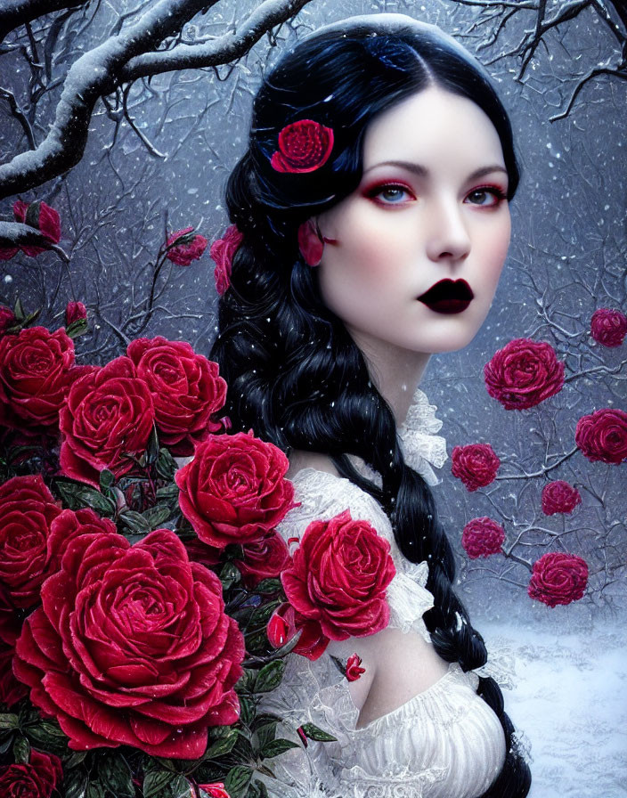 Surreal portrait of woman with pale skin, dark hair, red lips, vibrant roses, snowy