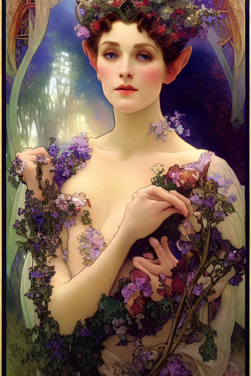 Fantasy illustration of female figure in mystical forest with flowers.