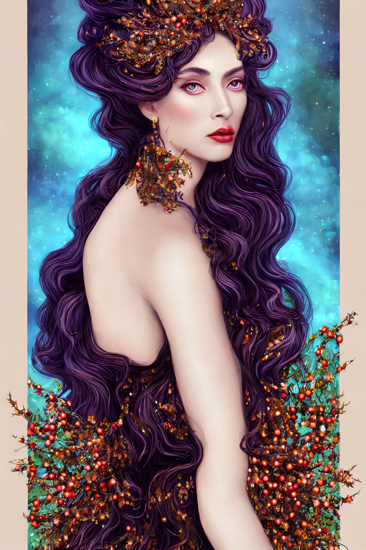 Illustrated woman with purple hair and branch crown on starry backdrop