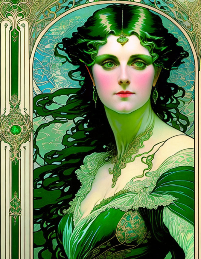 Intricate Art Nouveau Portrait of Woman with Green Eyes
