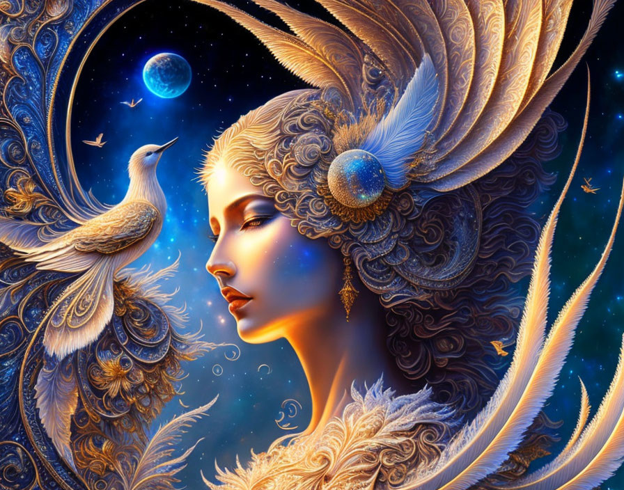 Illustration of woman with gold headdress and bird in cosmic setting