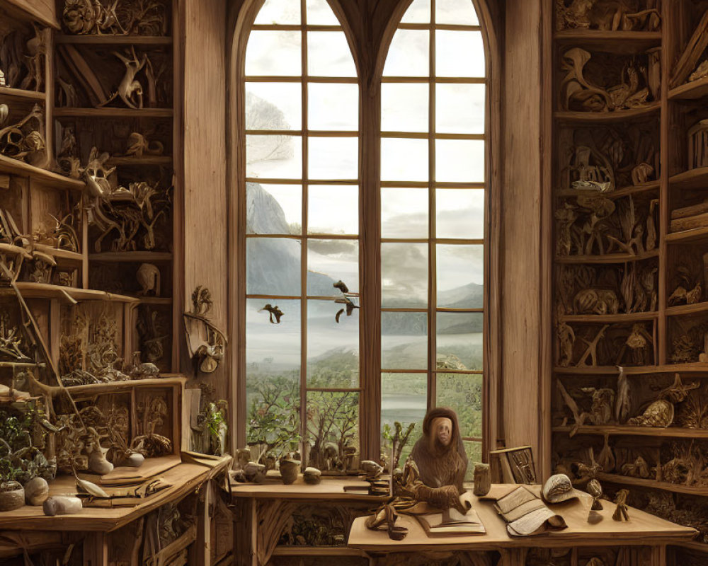 Wooden study with bookshelves and artifacts, Gothic window view.