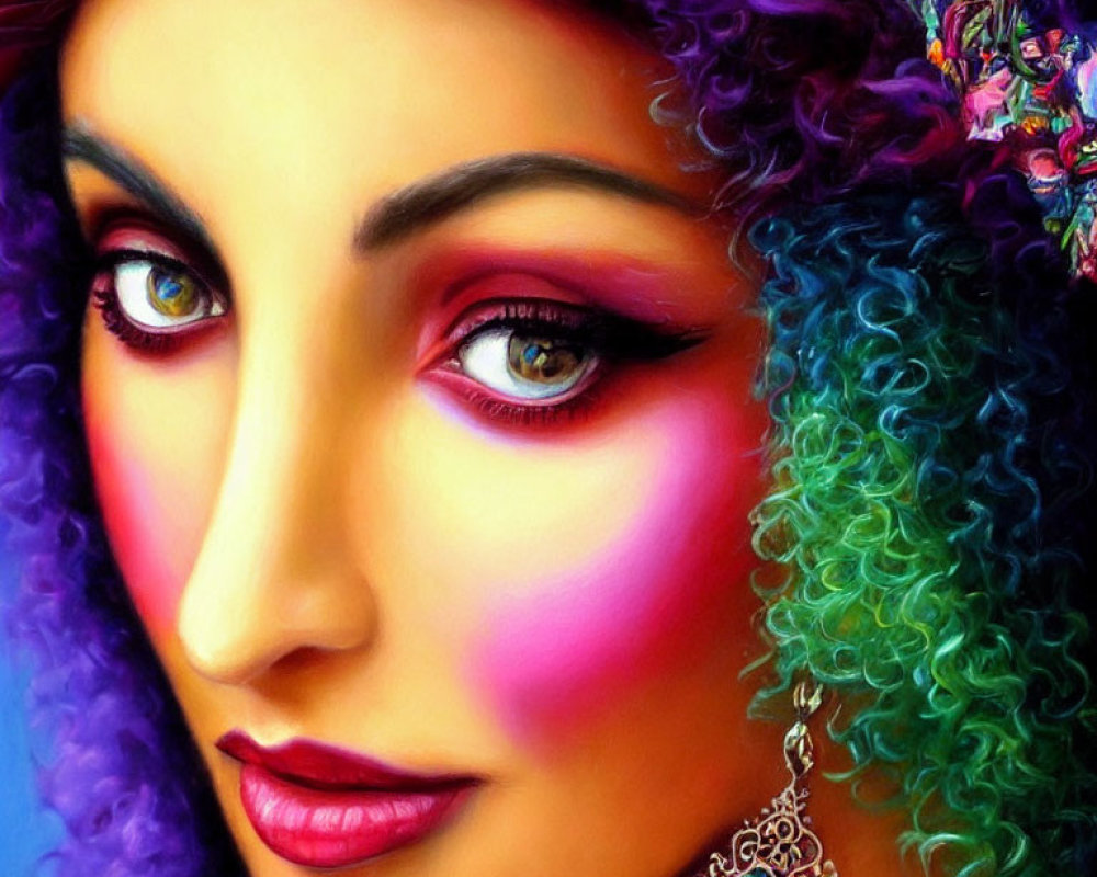 Colorful painting of a woman with curly hair and purple makeup on blue background