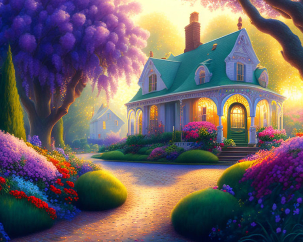 Cozy cottage surrounded by lush gardens and vibrant flowers at dusk