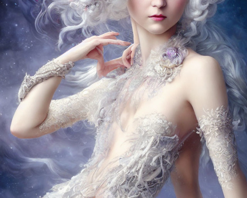 Ethereal woman in baroque wig and gown on starry backdrop