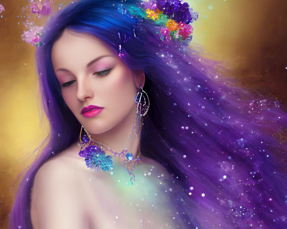 Vibrant digital artwork of woman with purple hair and cosmic flowers on golden background