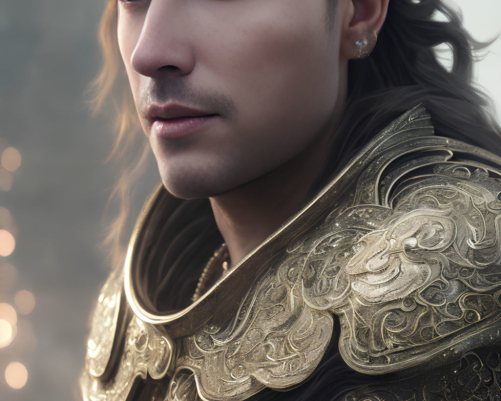 Man in Long Hair in Ornate Golden Armor on Misty Battlefield