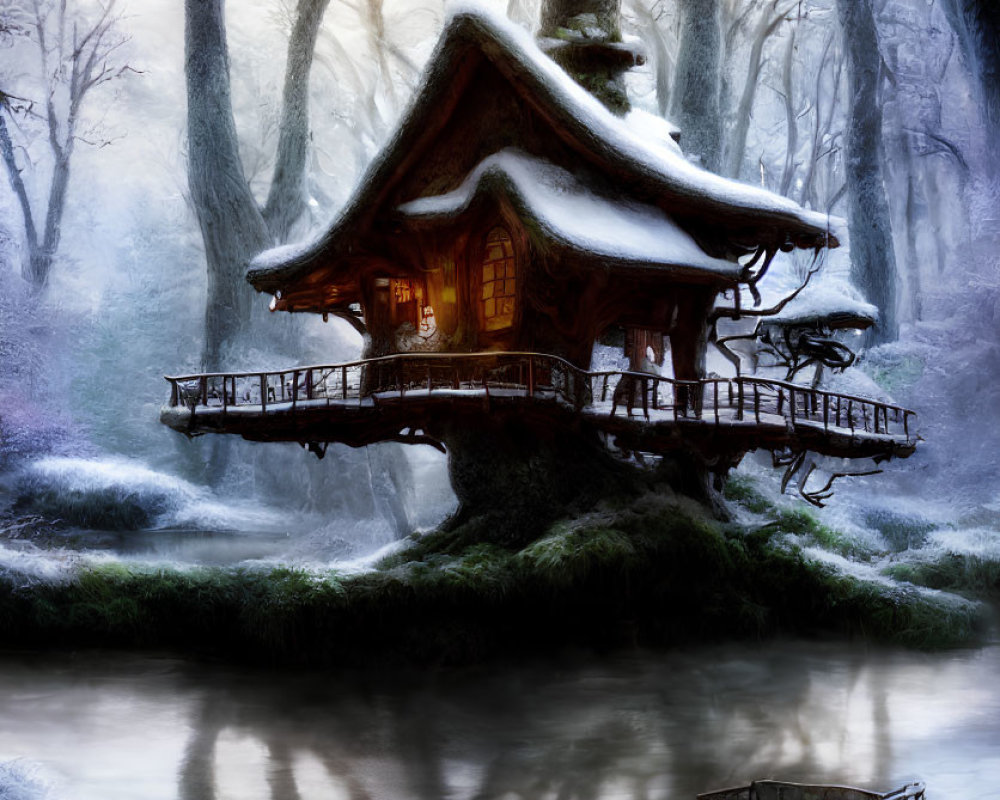 Snow-covered treehouse in mystical winter forest by icy stream