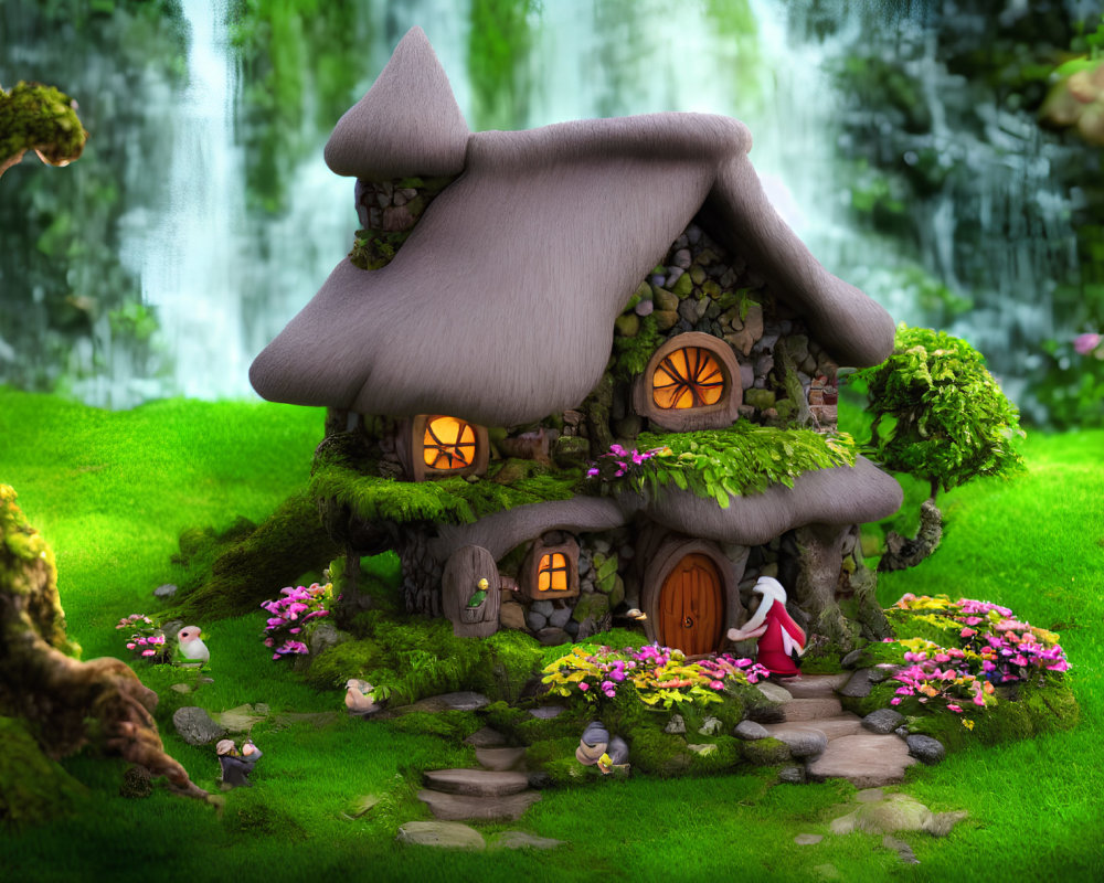 Enchanting fairy-tale cottage by waterfall with figure in red cloak