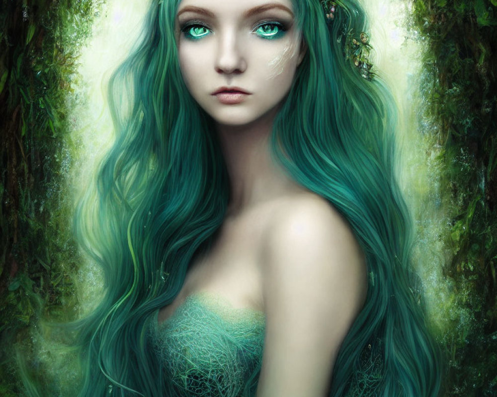 Teal-haired woman portrait with green wreath and mystical forest background