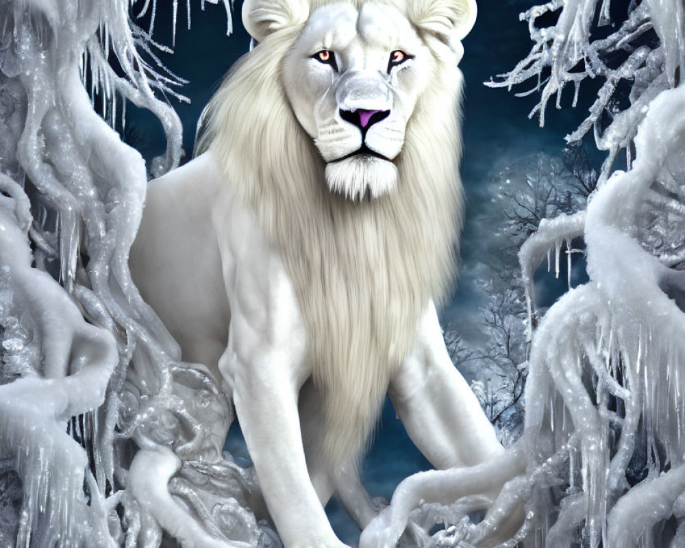 White lion in icy landscape with sharp icicles and chilling atmosphere