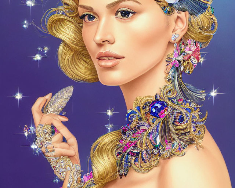 Elaborate golden hair woman with jewels and feather in regal pose