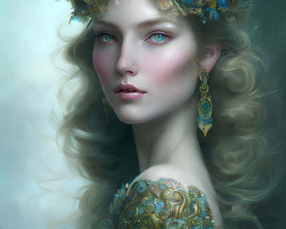 Ethereal woman with wavy hair and golden crown in misty setting