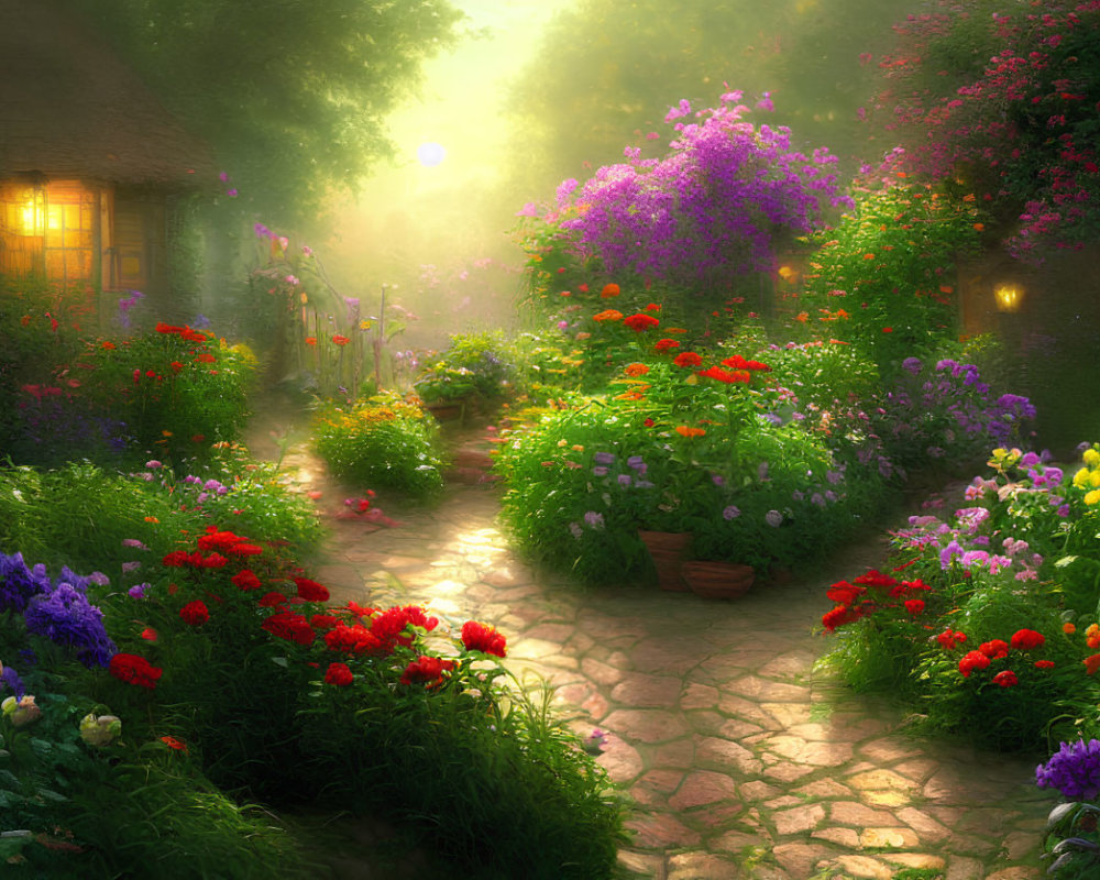 Twilight cottage garden with vibrant flowers and cobblestone path