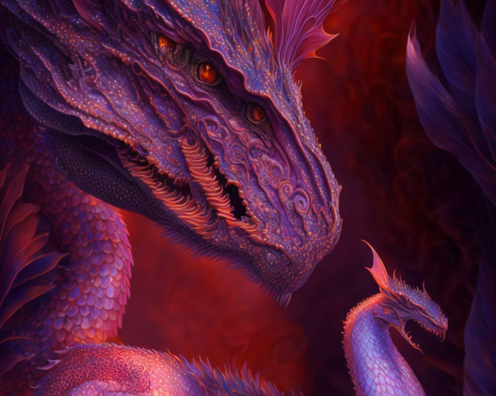 Intricate blue and red dragon protectively looms over smaller dragon in fiery background