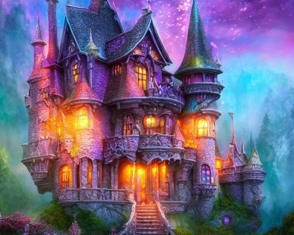 Purple castle in misty forest with glowing windows under pink and blue sky