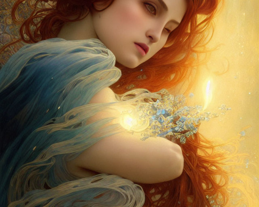 Fantasy illustration of woman with red hair, golden crown, blue cloak, and glowing light.