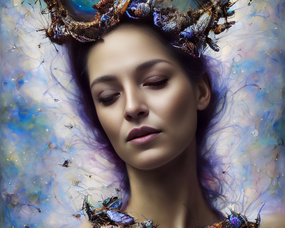 Serene woman with iridescent beetle crown and necklace on colorful backdrop