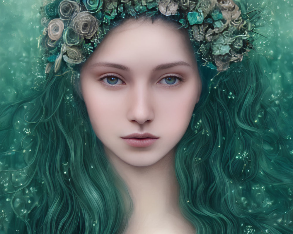 Vivid green-haired woman with floral crown on soft green background