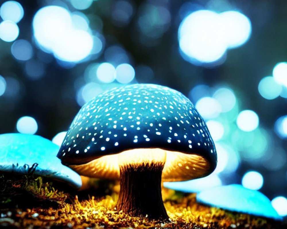 Spotted cap illuminated mushroom in dark forest landscape