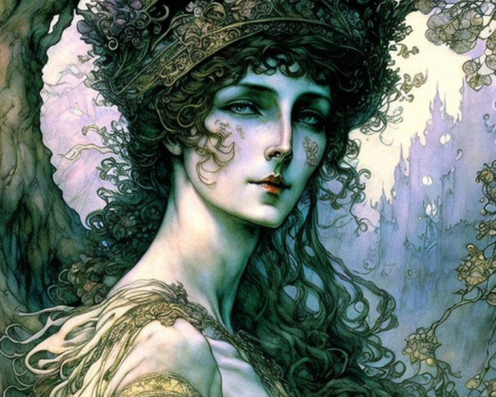 Illustrated woman with intricate headwear and face tattoos in mystical forest.