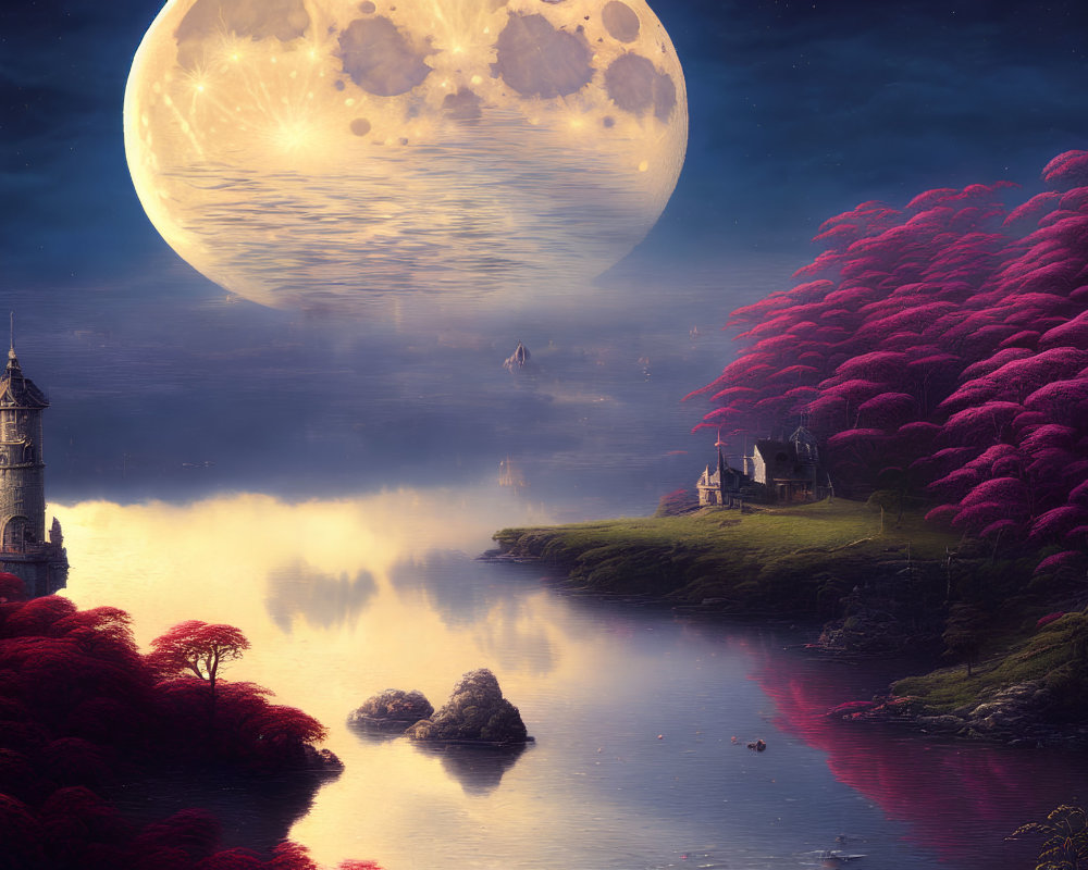 Luminous full moon over serene river, tower, magenta foliage, quaint house, starry