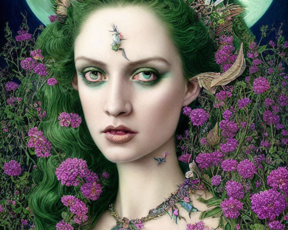 Fantasy portrait of woman with green hair, crown of buildings, purple flowers, moon backdrop, and