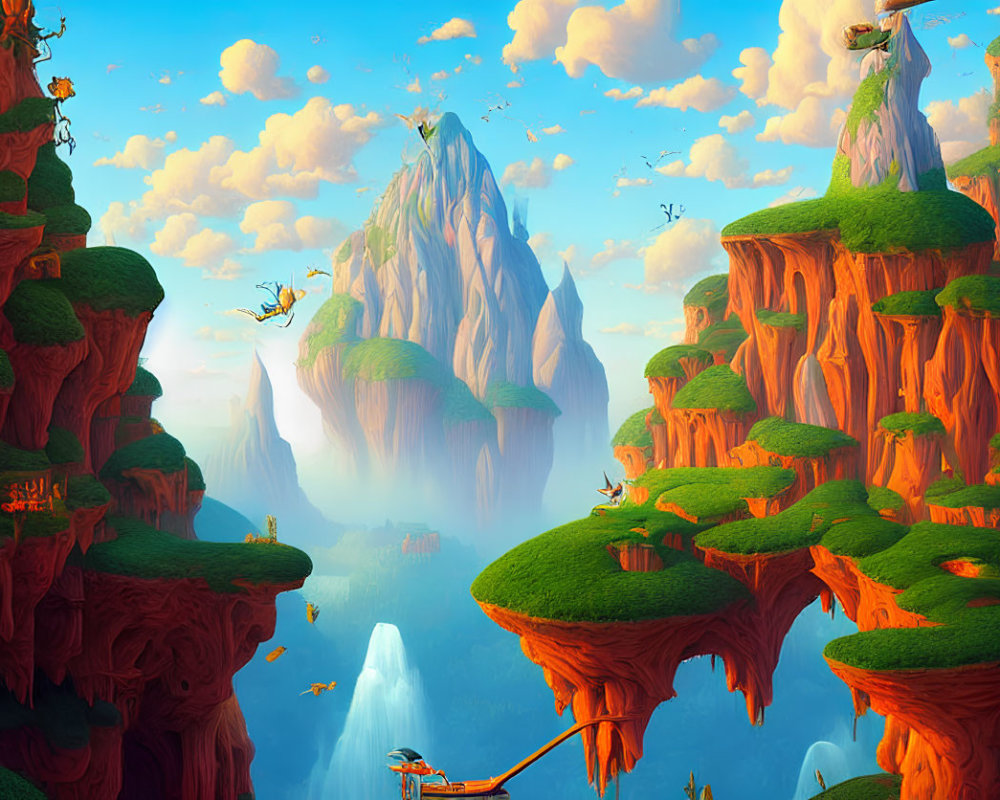 Fantastical landscape with floating islands, mythical creatures, and lush greenery