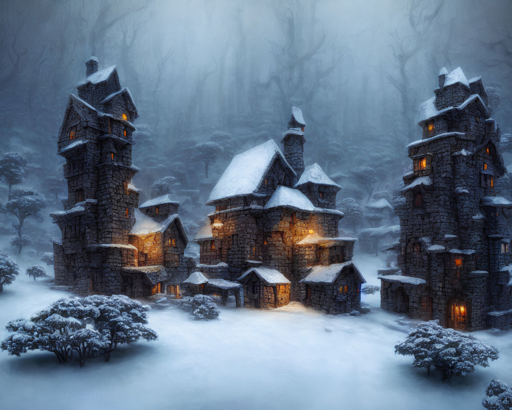 Mystical Stone Houses in Snowy Forest with Glowing Windows