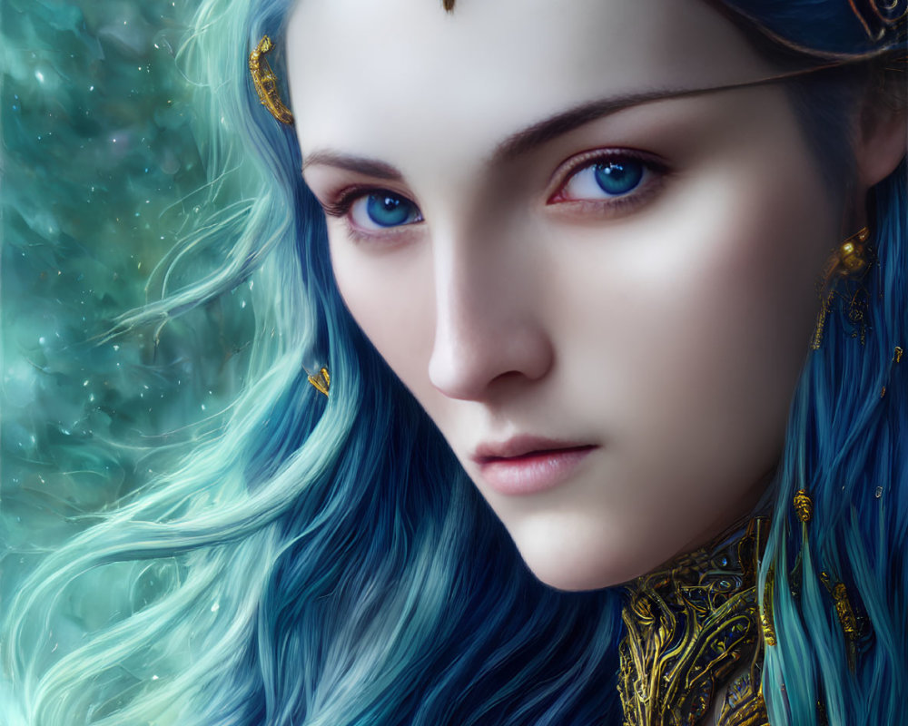 Ethereal digital portrait of female figure with blue hair and golden headwear