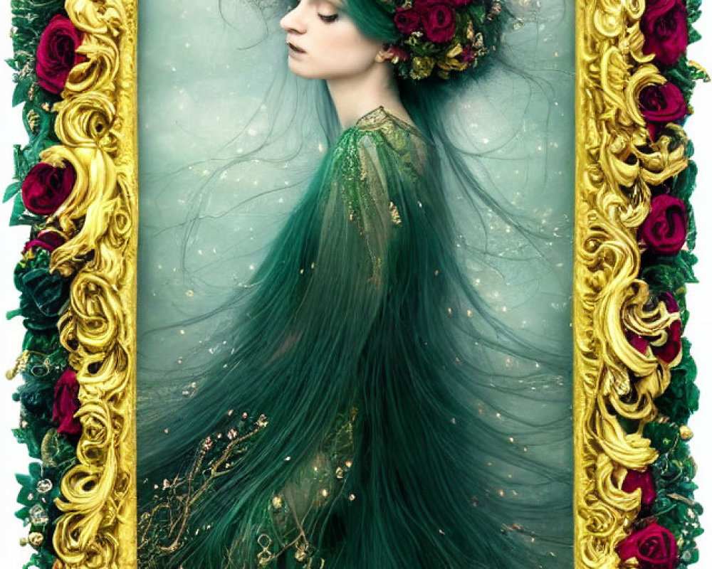 Woman with floral crown and green gown in ornate golden frame