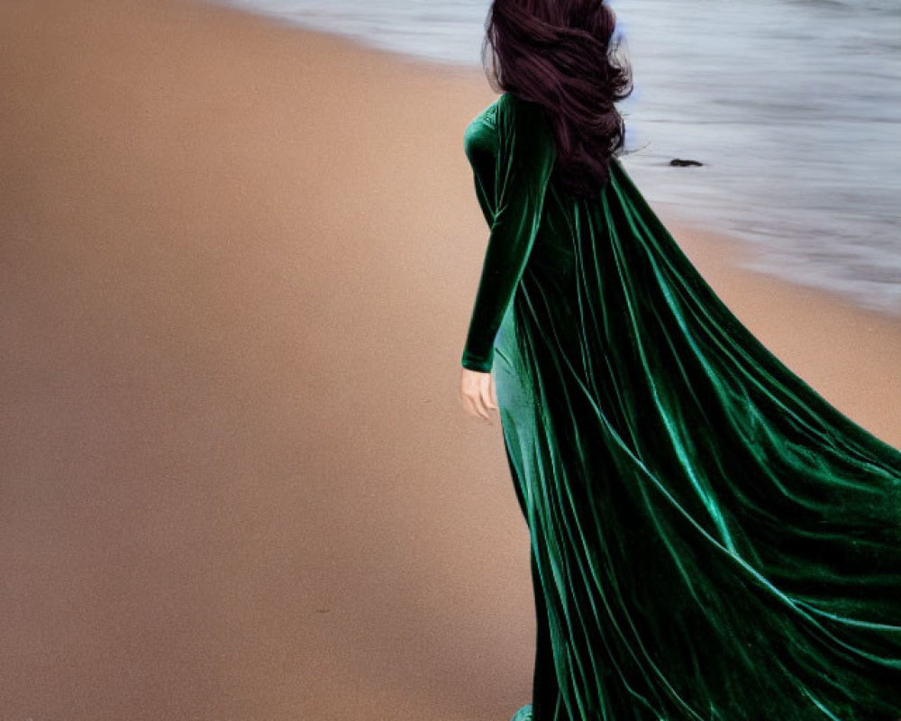 Dark-Haired Person in Green Dress on Sandy Beach with Blurred Waves