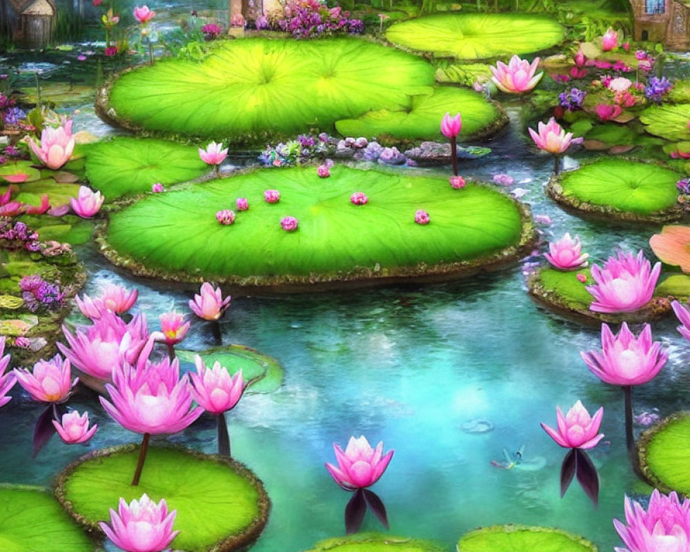 Tranquil fantasy pond with green lily pads and pink lotus flowers