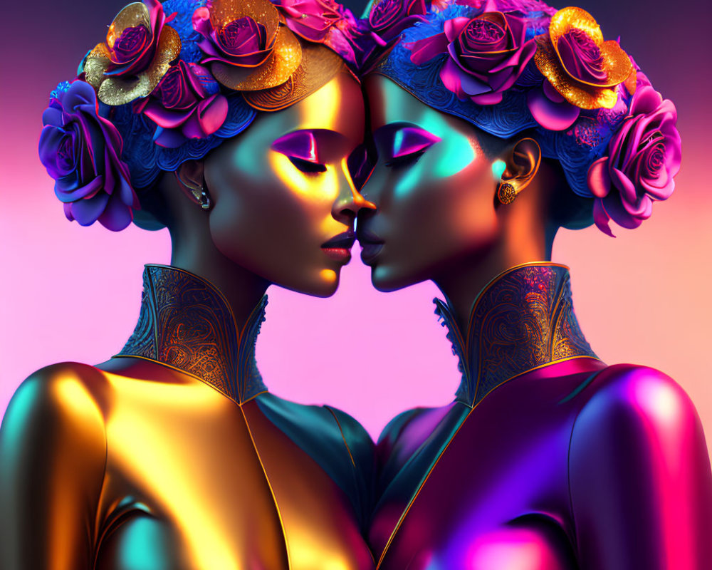 Stylized female figures with floral headpieces and metallic skin tones on purple background