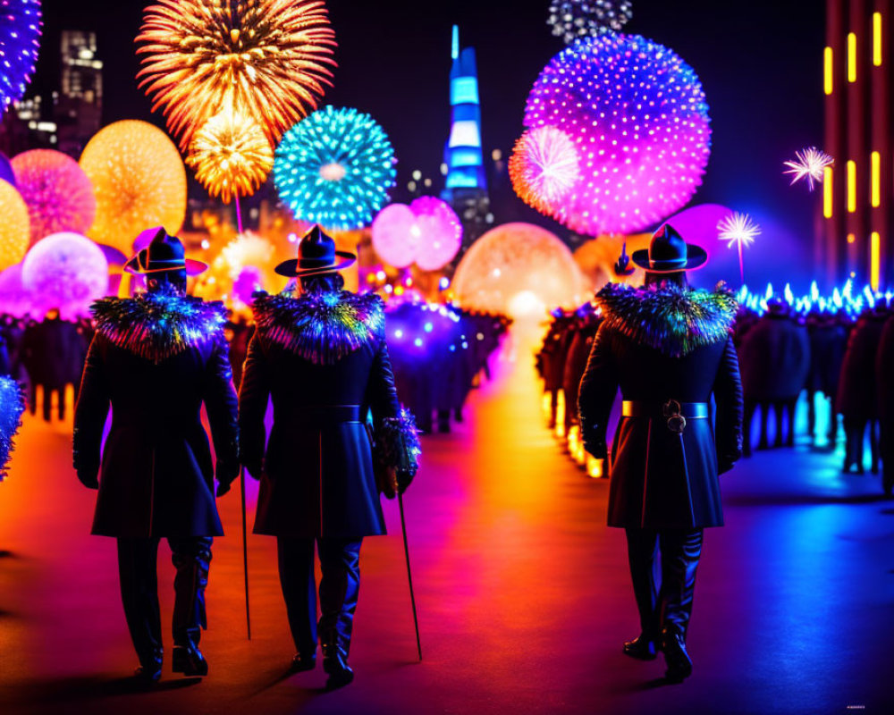 Procession of uniformed figures with illuminated shoulders and vibrant fireworks.