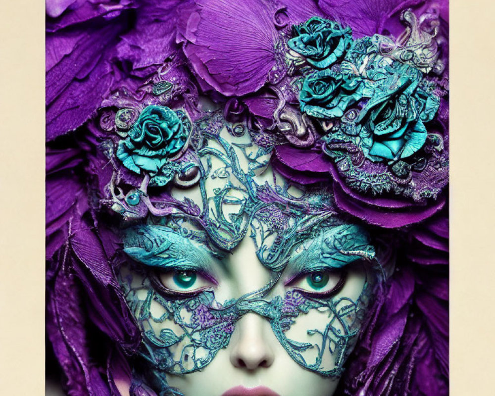 Green-eyed person in purple floral headdress and lace mask on lavender background