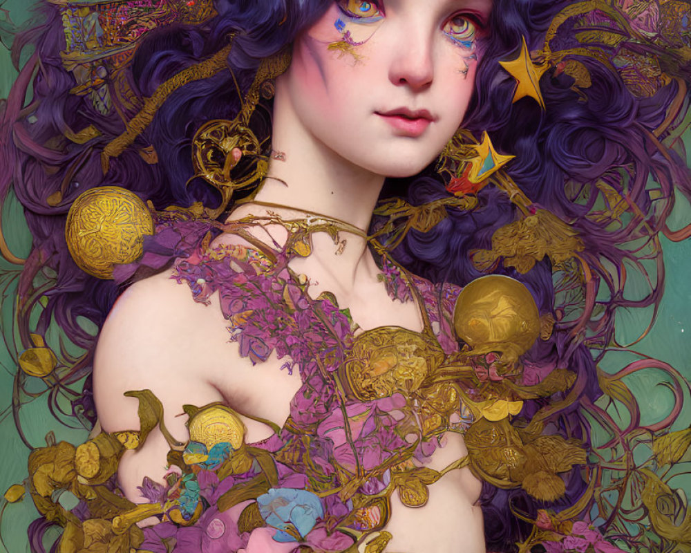 Surreal portrait of a girl with purple hair and celestial accessories