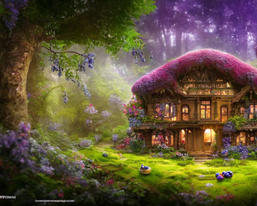 Whimsical cottage surrounded by purple flowers in lush forest clearing